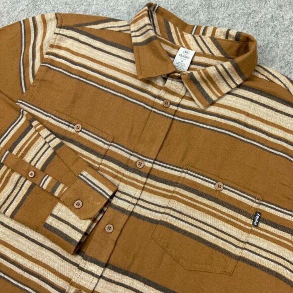 Hurley Shirt Mens Medium Brown Striped Portland Flannel‎ Organic Cotton Pockets